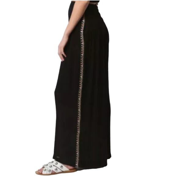 Free People 4 Womens Black Embroidered Detail Wide Leg Pants Gauzy Boho - Picture 1 of 11